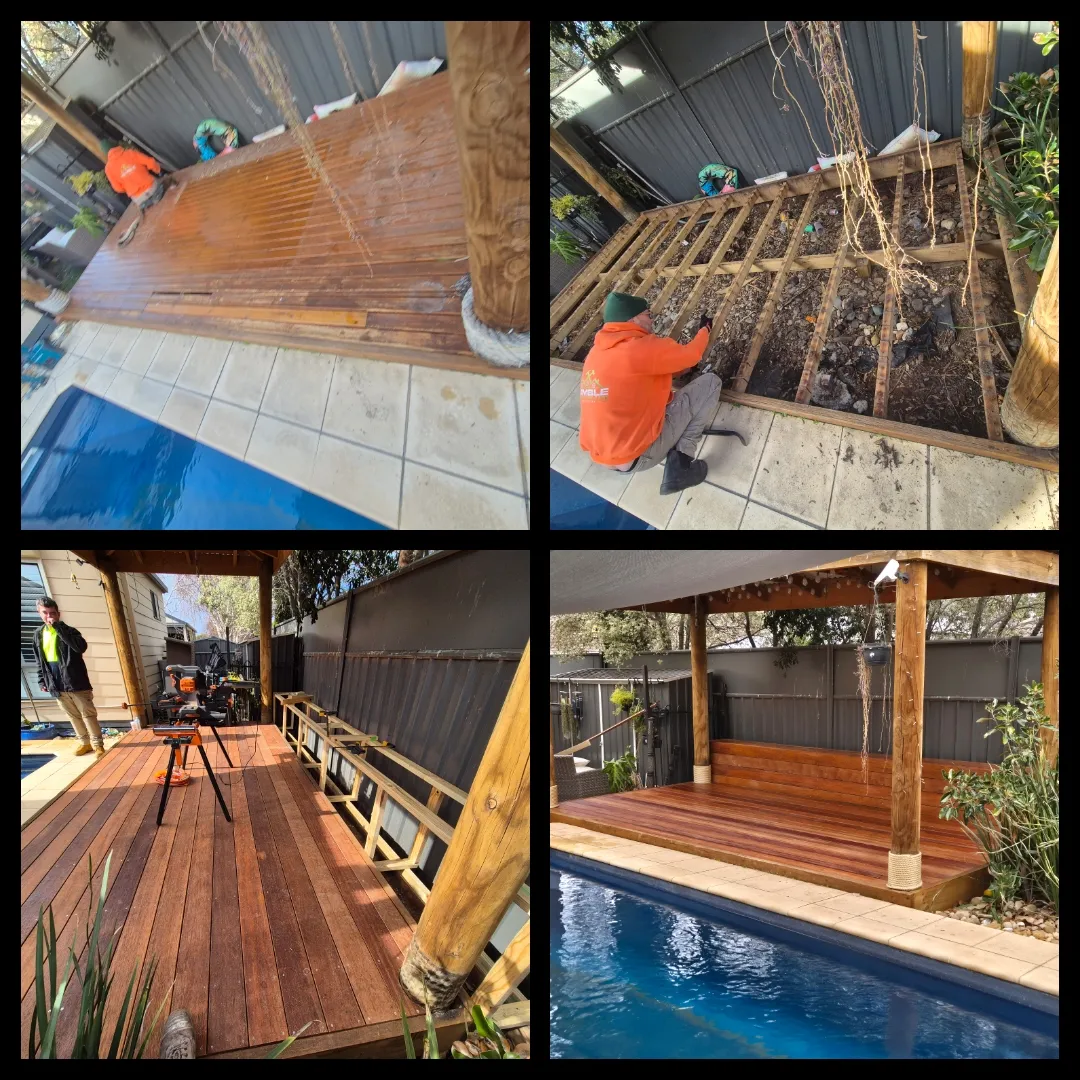 Poolside deck rebuild — strip, re-joist, re-board and oil