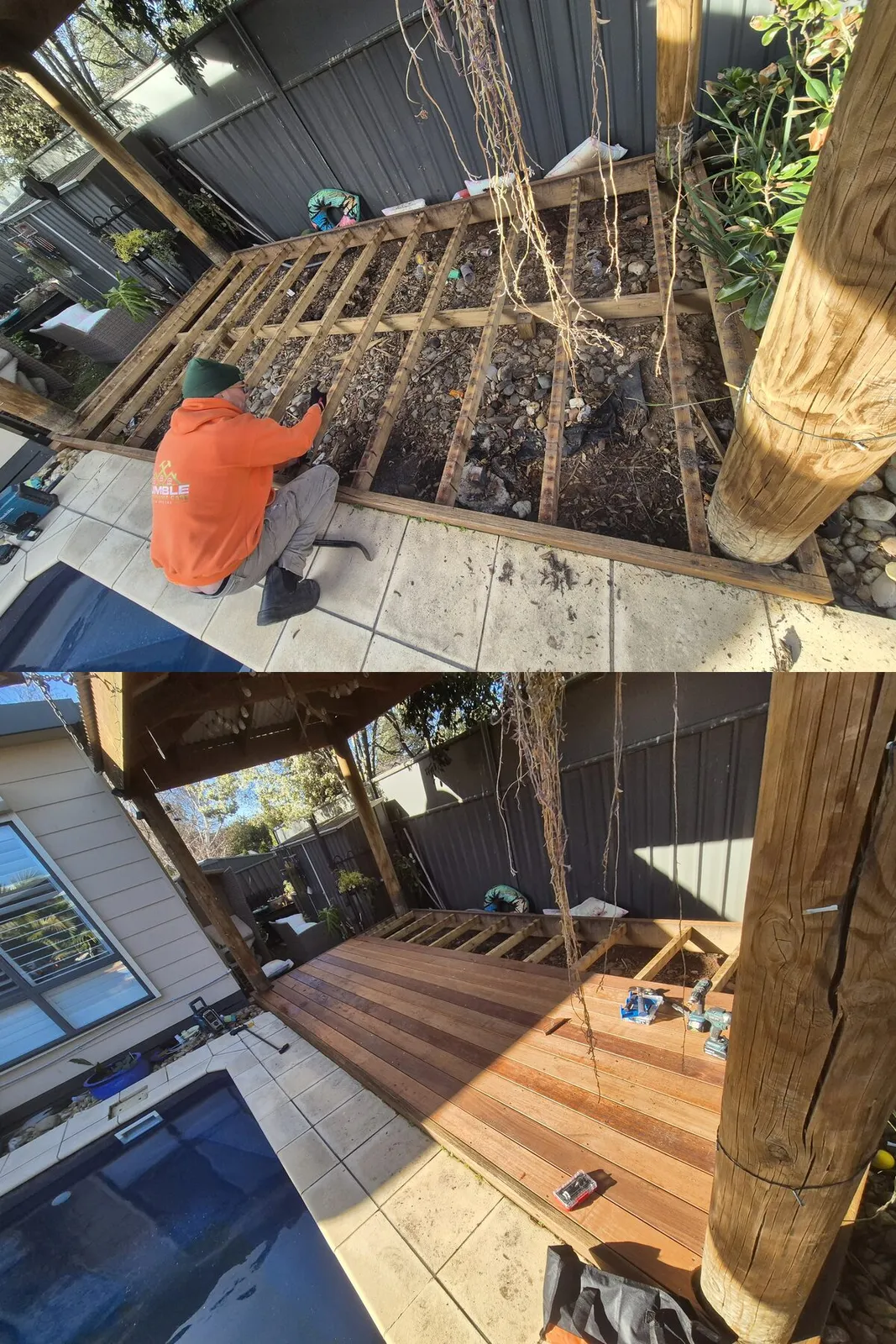 Poolside deck before and after — rotted boards stripped back to joists and rebuilt in hardwood