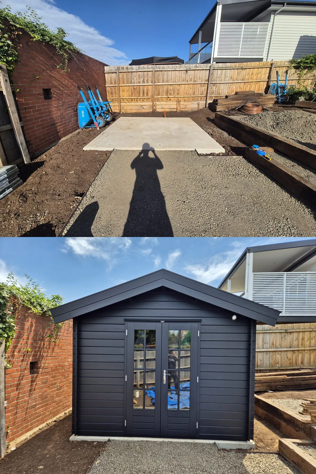 Backyard cabin build before and after — bare concrete slab transformed into a finished black timber cabin with French doors