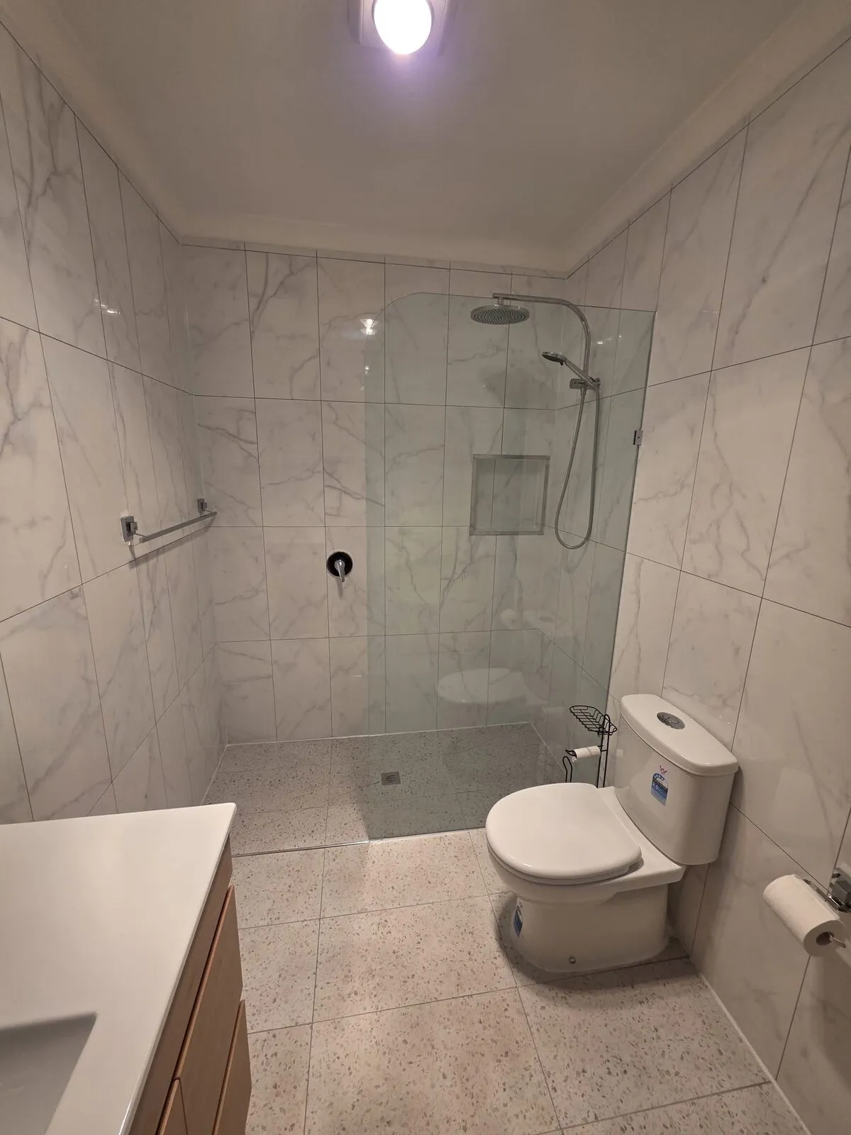 Completed shower with rainhead, glass screen, niche, and new toilet and vanity